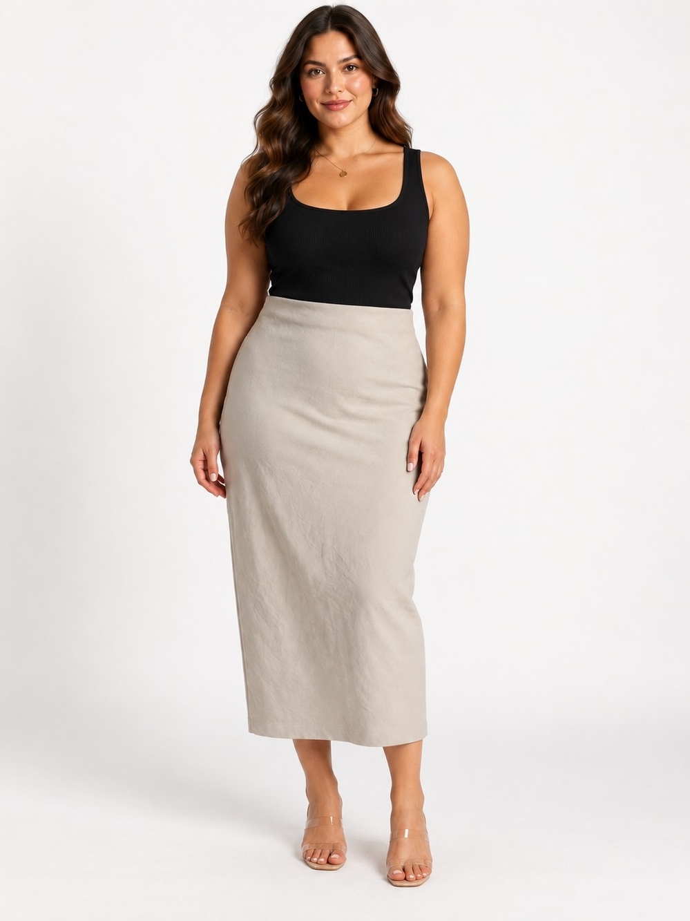 Tahari Neutral Beige High-Rise Midi Skirt